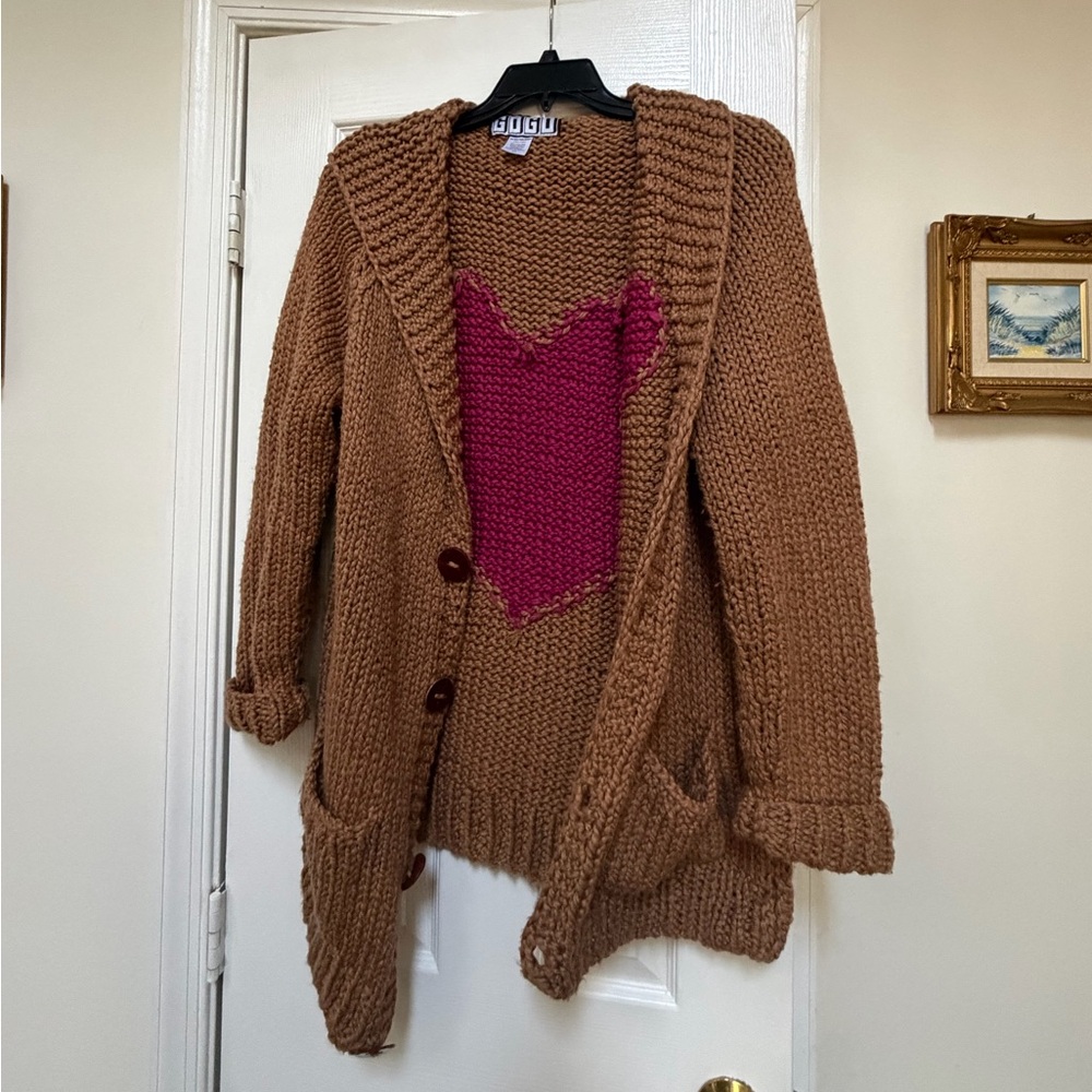 GOGO Sweaters Brown Cardigan with Burgundy Heart Cotton
